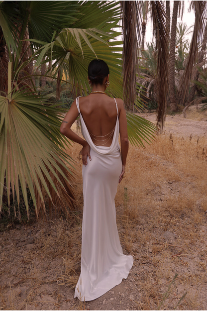 Stylish White Satin Maxi Dress – Cowl Neck Slip Style with Chain Detail