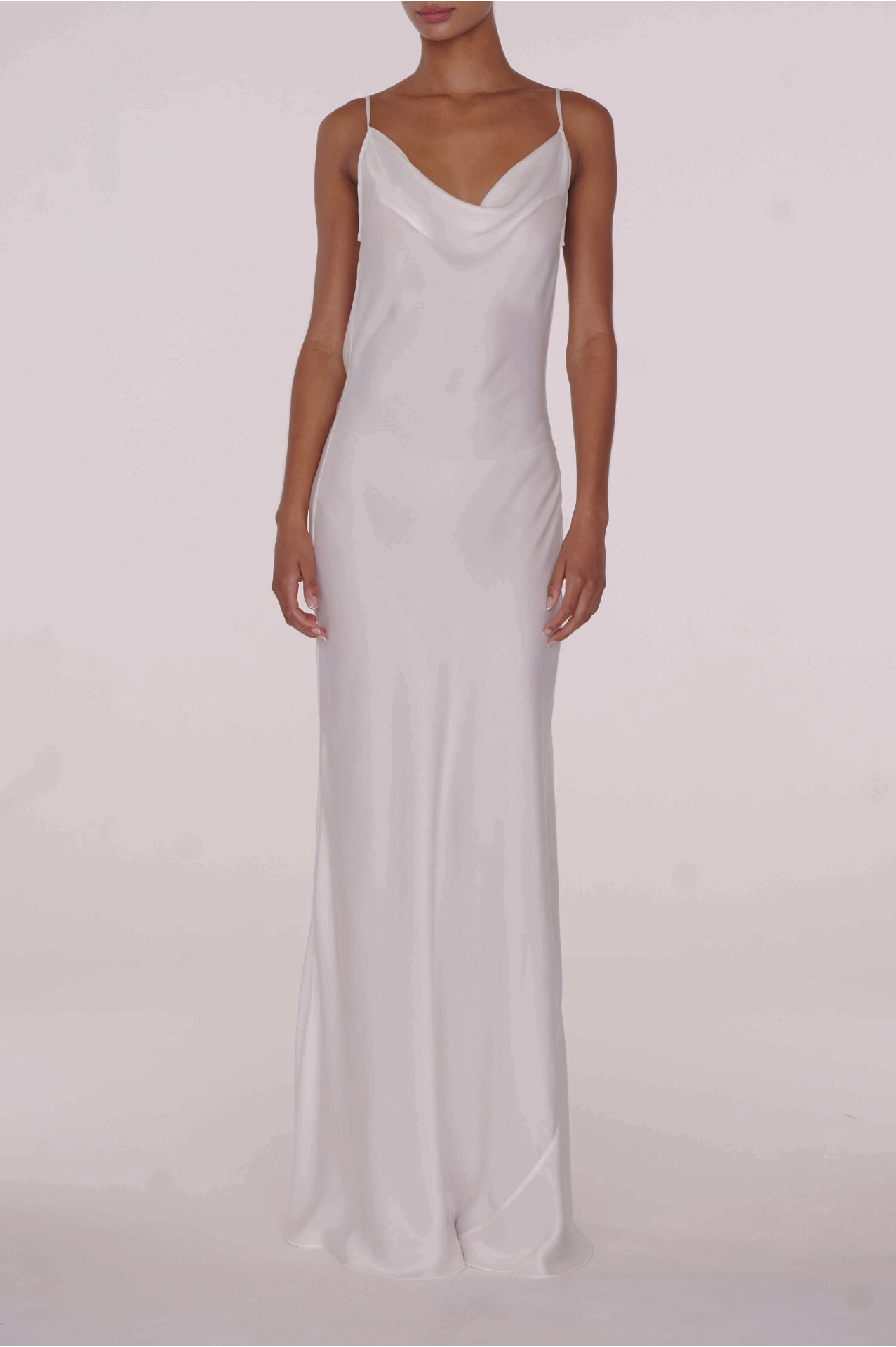 Stylish White Satin Maxi Dress – Cowl Neck Slip Style with Chain Detail