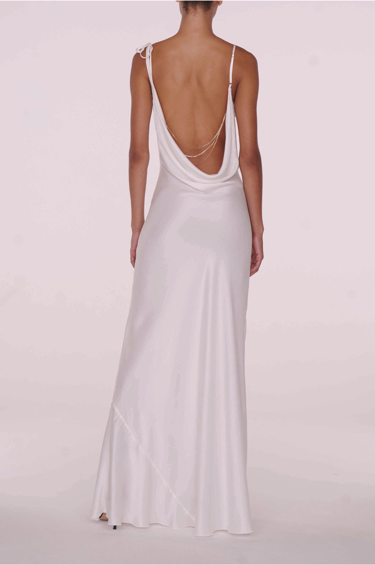Stylish White Satin Maxi Dress – Cowl Neck Slip Style with Chain Detail