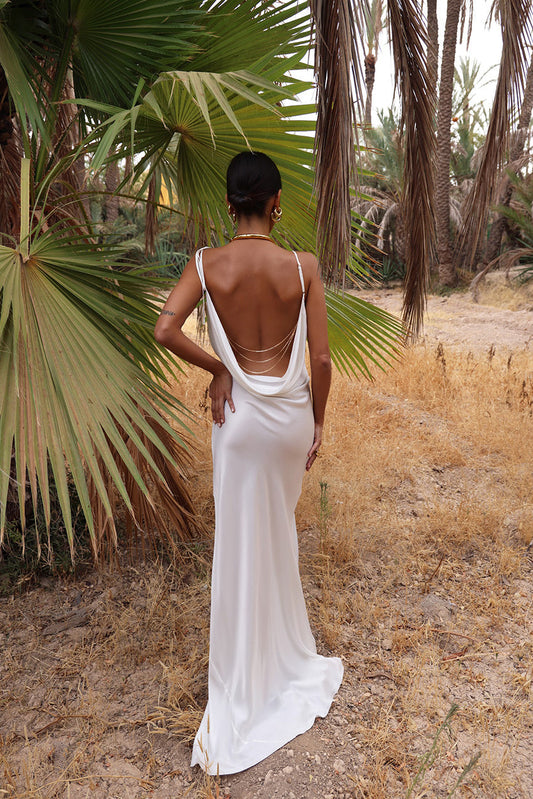 Elegant White Maxi Dress with Cowl Neck and Detachable Chain Detail - Stylish Long Slip Maxi Sundress 1