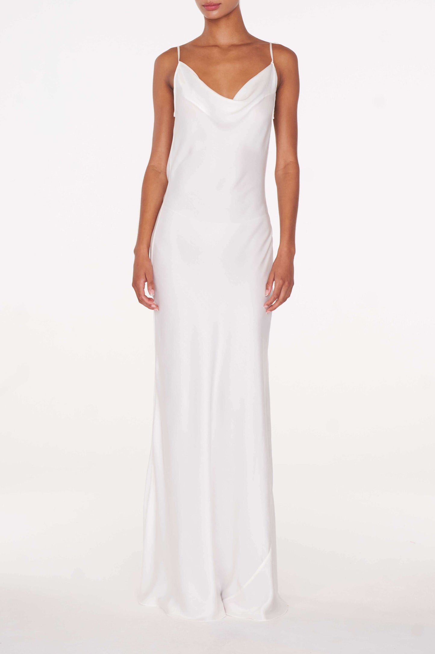 Elegant White Maxi Dress with Cowl Neck and Detachable Chain Detail - Stylish Long Slip Maxi Sundress 2