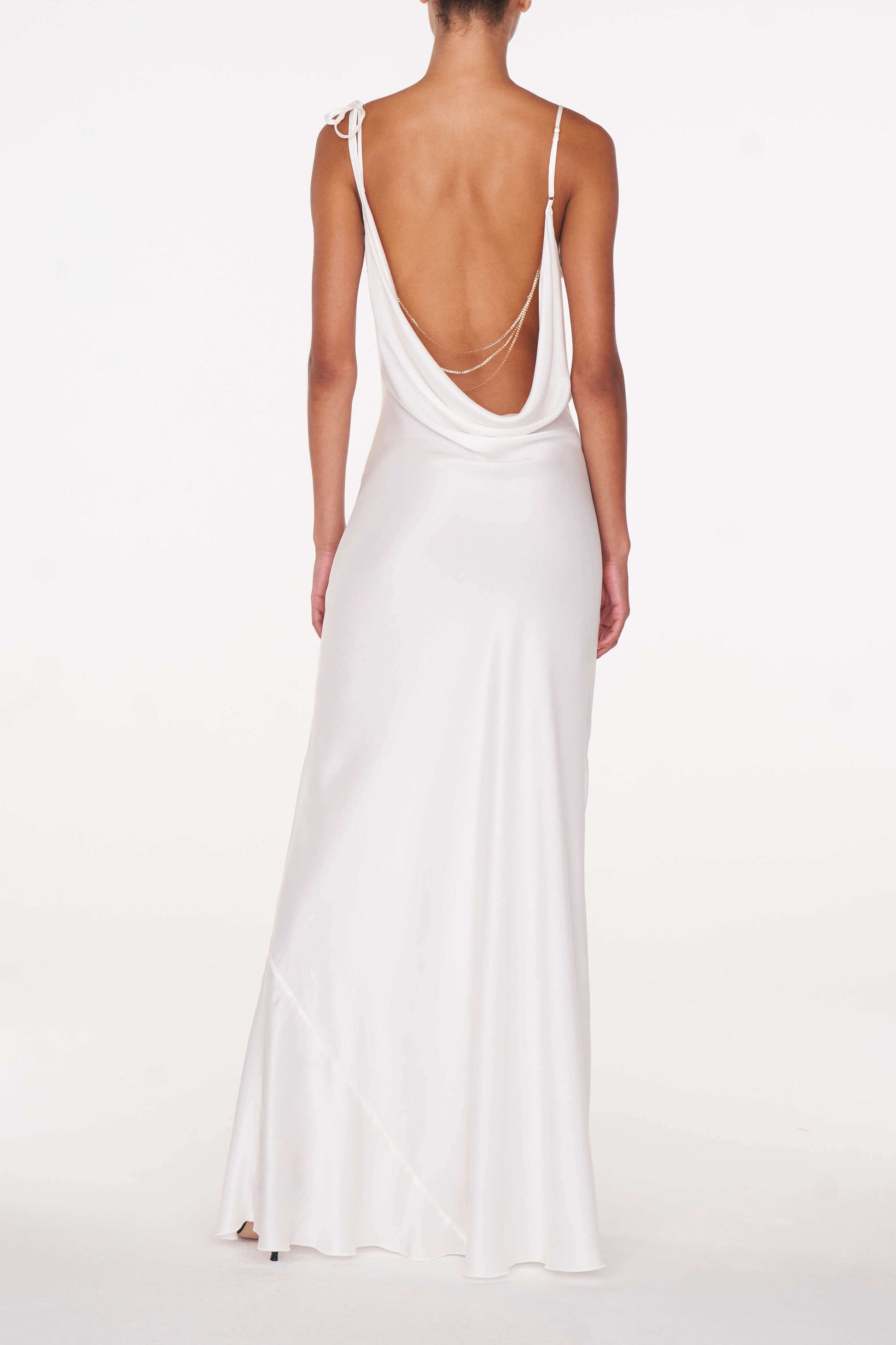 Elegant White Maxi Dress with Cowl Neck and Detachable Chain Detail - Stylish Long Slip Maxi Sundress 3