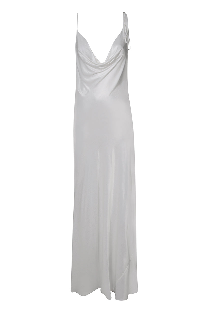 Elegant White Maxi Dress with Cowl Neck and Detachable Chain Detail - Stylish Long Slip Maxi Sundress 5
