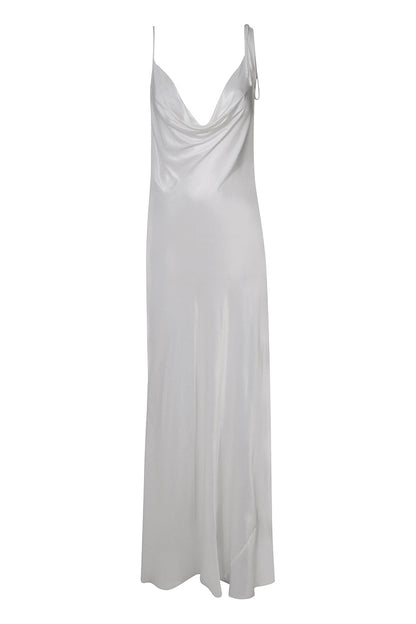 Elegant White Maxi Dress with Cowl Neck and Detachable Chain Detail - Stylish Long Slip Maxi Sundress 5