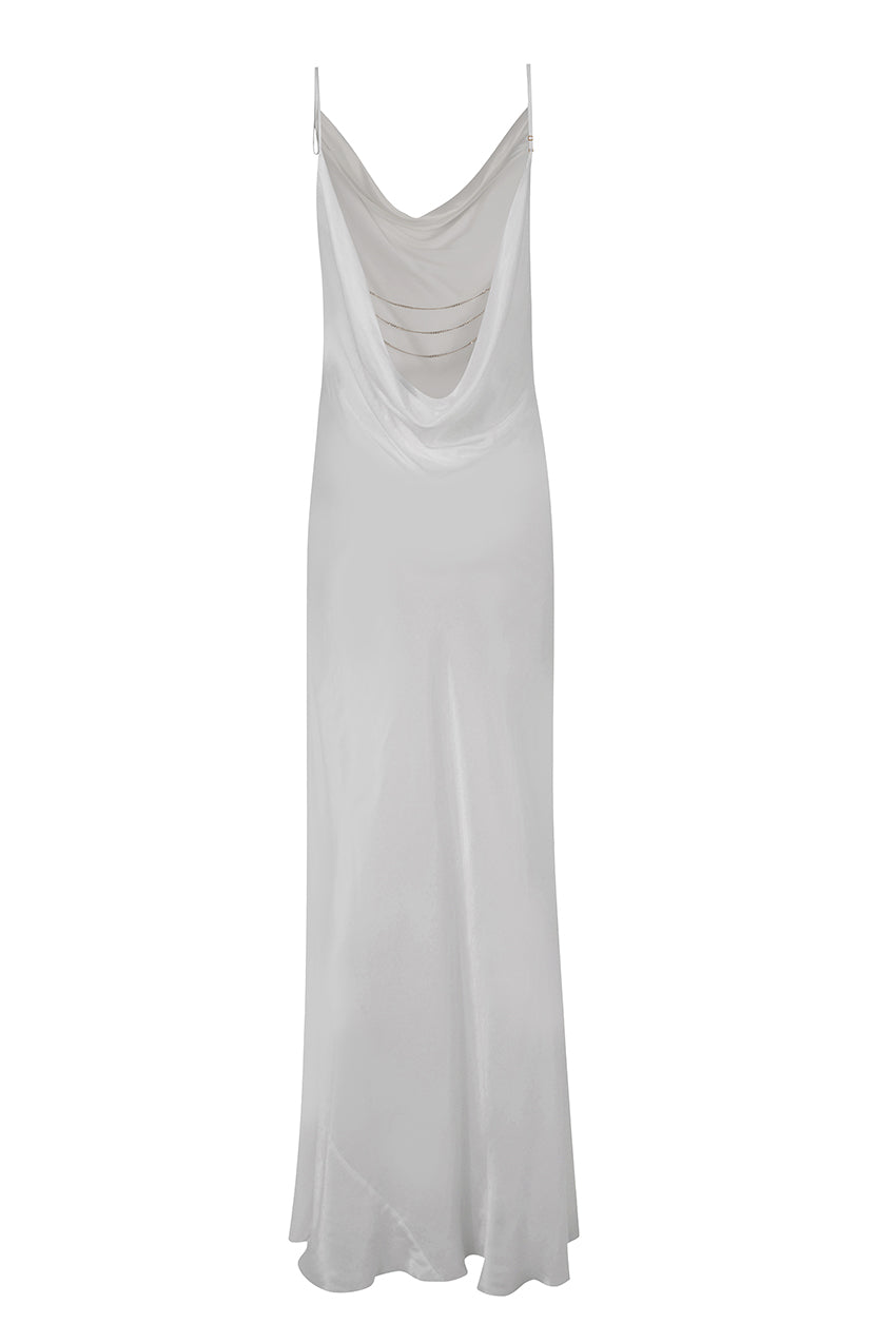 Elegant White Maxi Dress with Cowl Neck and Detachable Chain Detail - Stylish Long Slip Maxi Sundress 6