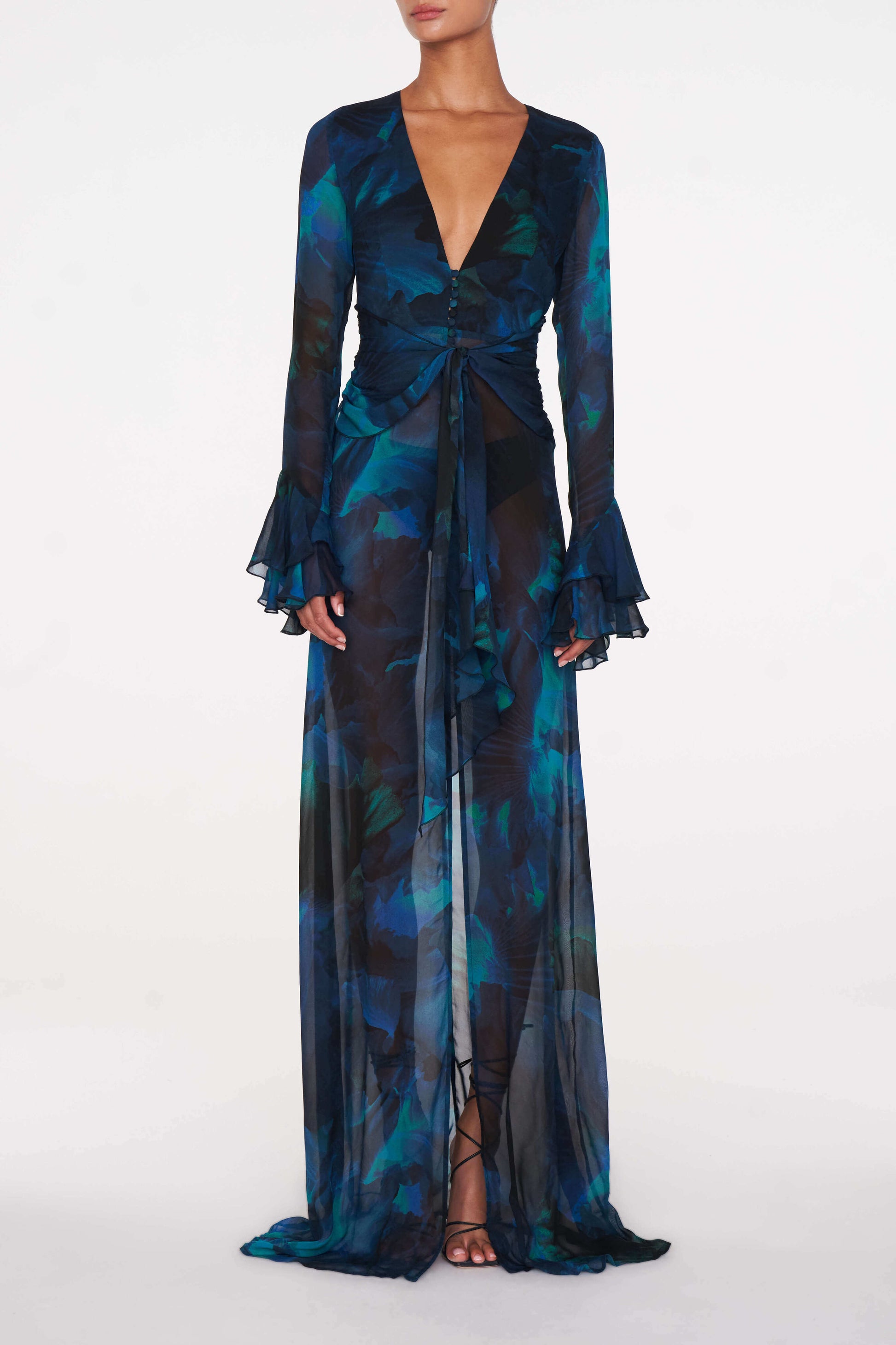 Fiorella Dress for Women with Flattering Waist Wrap and Dramatic Frilled Sleeves in Abstract Blue 4