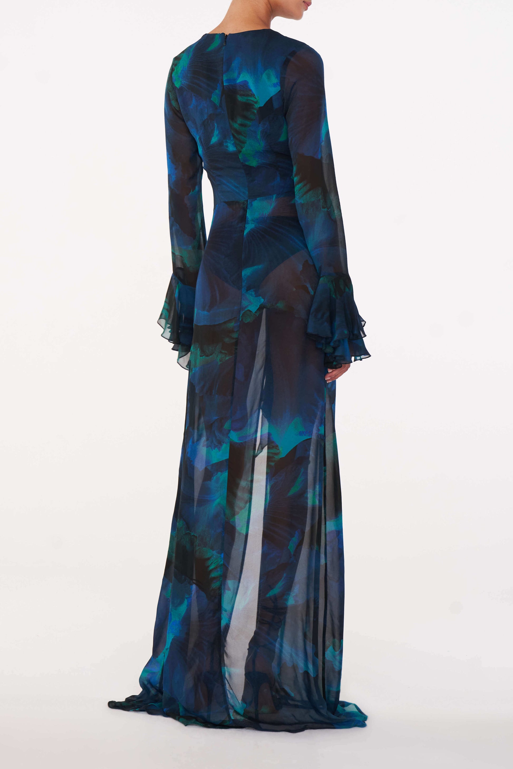 Fiorella Dress for Women with Flattering Waist Wrap and Dramatic Frilled Sleeves in Abstract Blue 5