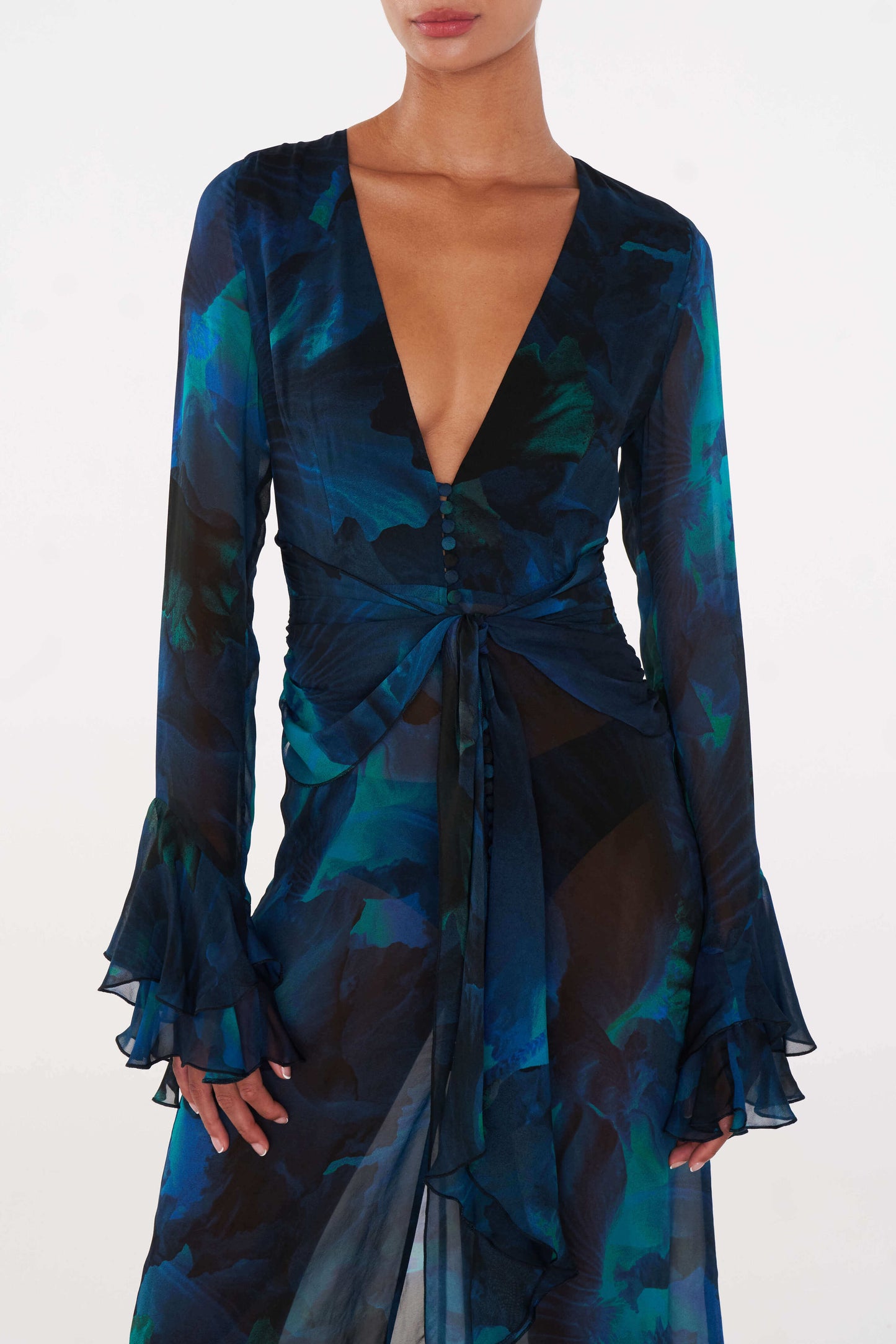Fiorella Dress for Women with Flattering Waist Wrap and Dramatic Frilled Sleeves in Abstract Blue 6
