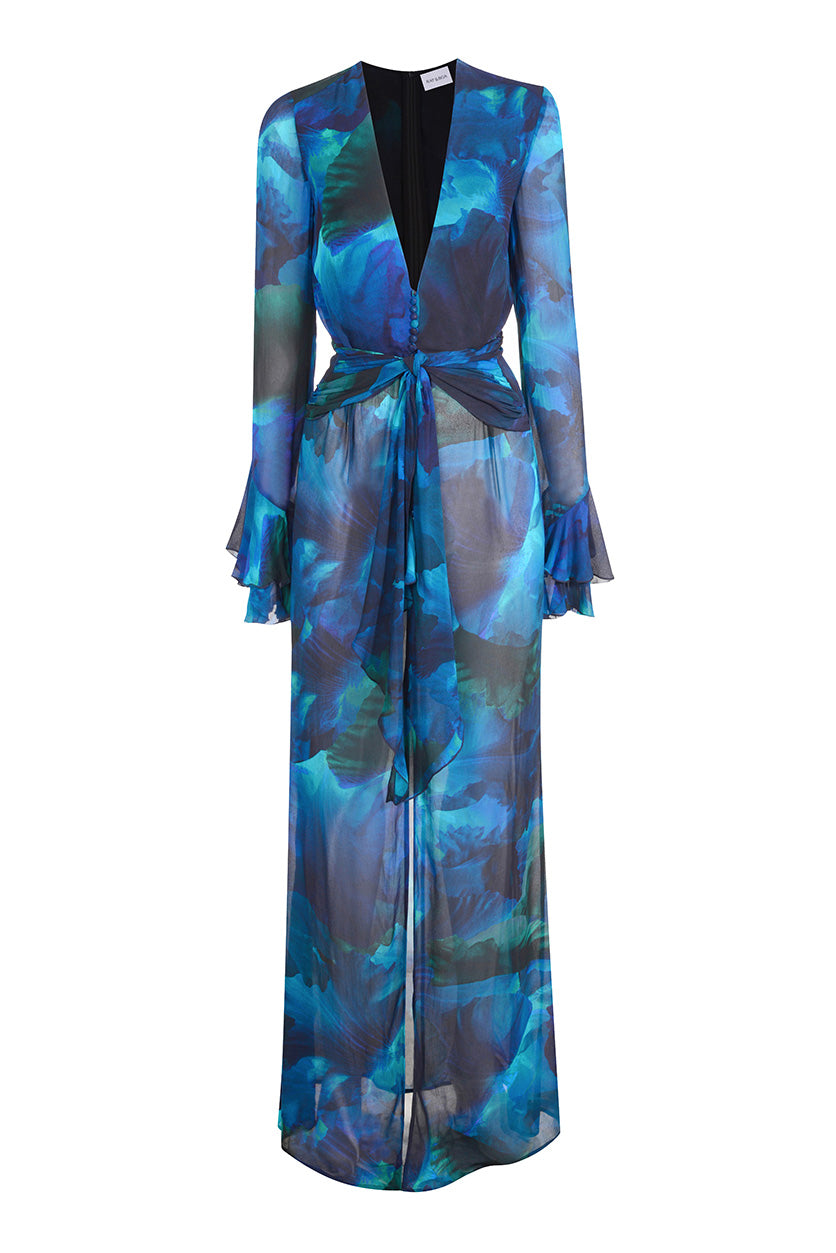Fiorella Dress for Women with Flattering Waist Wrap and Dramatic Frilled Sleeves in Abstract Blue 7
