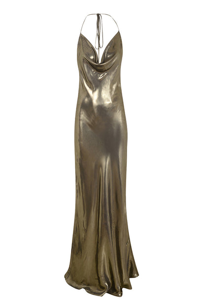 Vintage-Inspired Women's Cocktail Dress in Liquid Gold Lamé with Adjustable Halterneck Ties 4