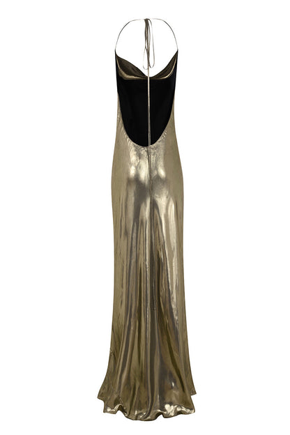 Vintage-Inspired Women's Cocktail Dress in Liquid Gold Lamé with Adjustable Halterneck Ties 5